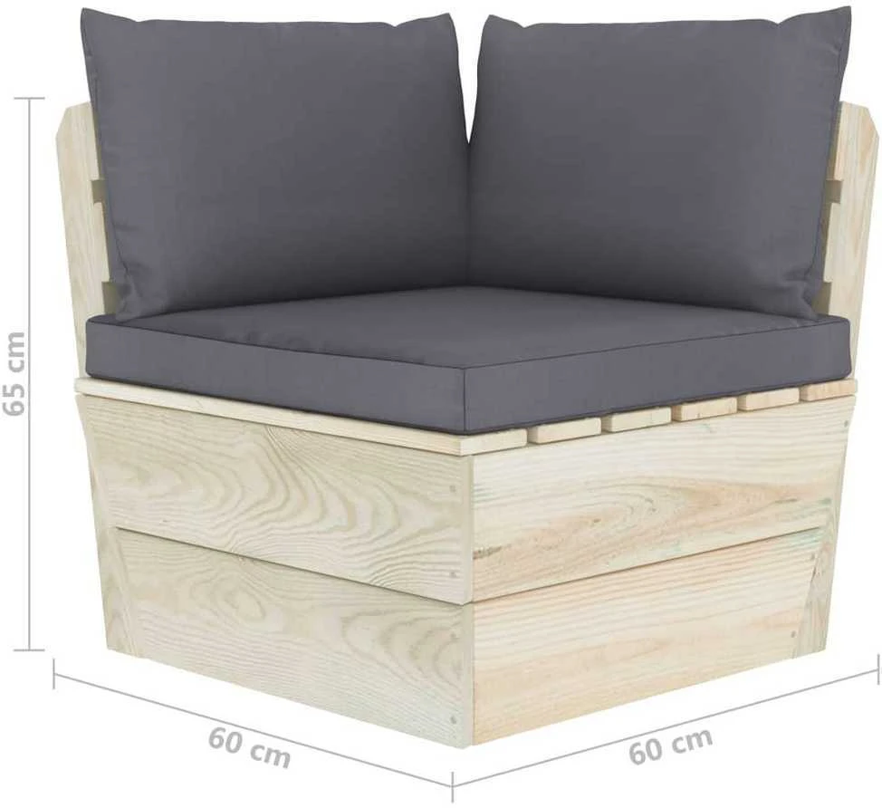 Kampinė sodo sofa iš palečių su pagalvėlėmis, impregnuota eglė