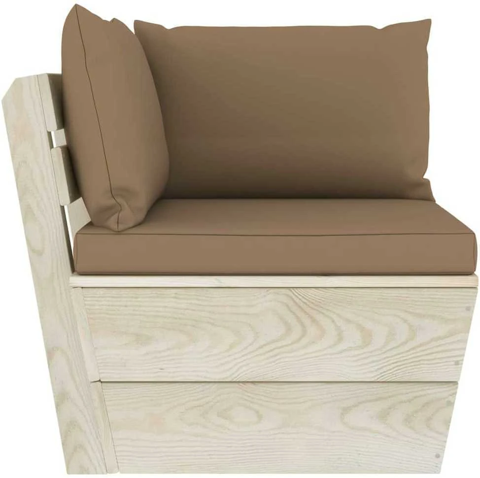 Kampinė sodo sofa iš palečių su pagalvėlėmis, impregnuota eglė
