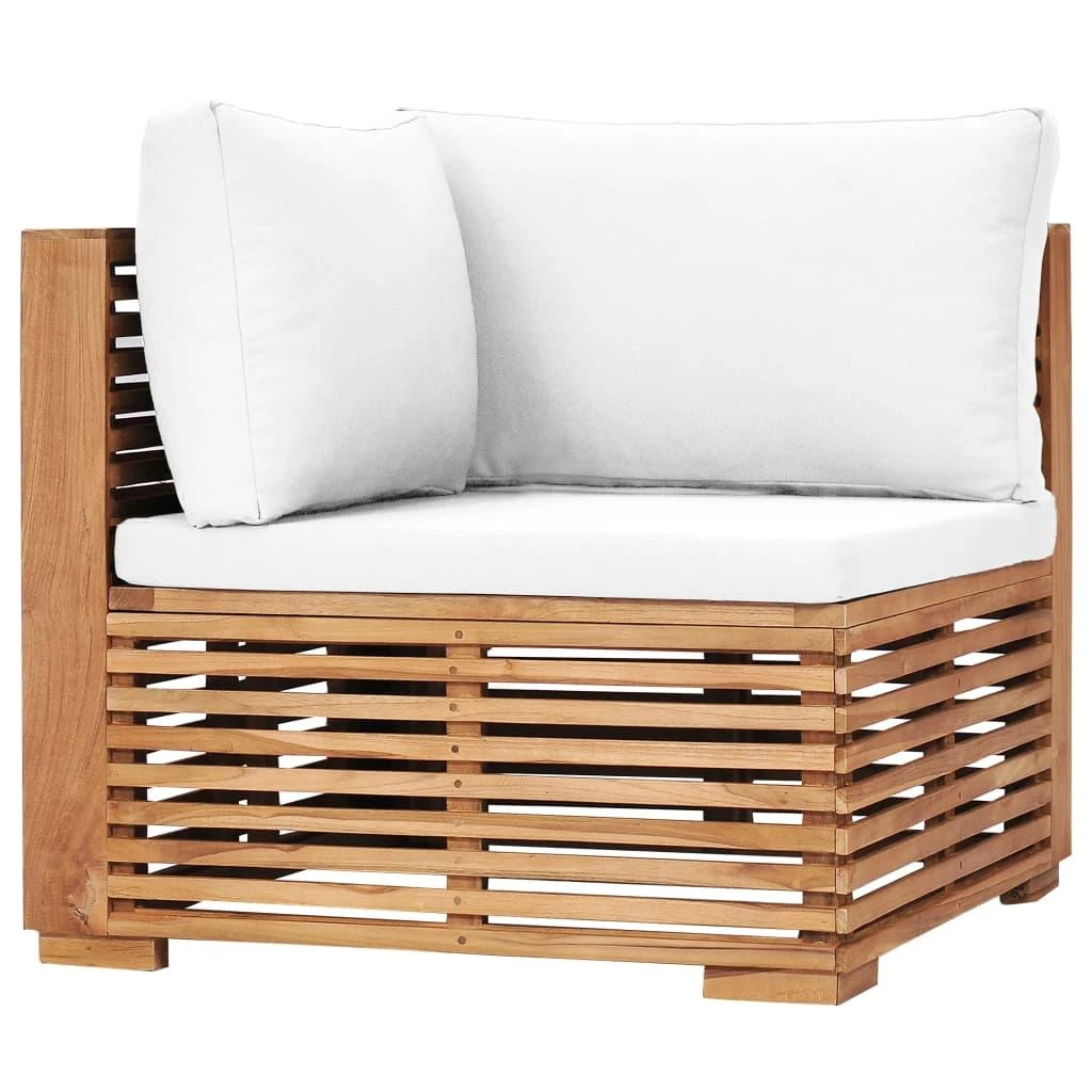 Kampinė sodo sofa su kreminėmis pagalvėlėmis, tikmedžio masyvas
