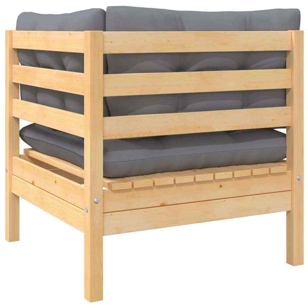 Kampinė sodo sofa su pilkomis pagalvėlėmis, pušies masyvas
