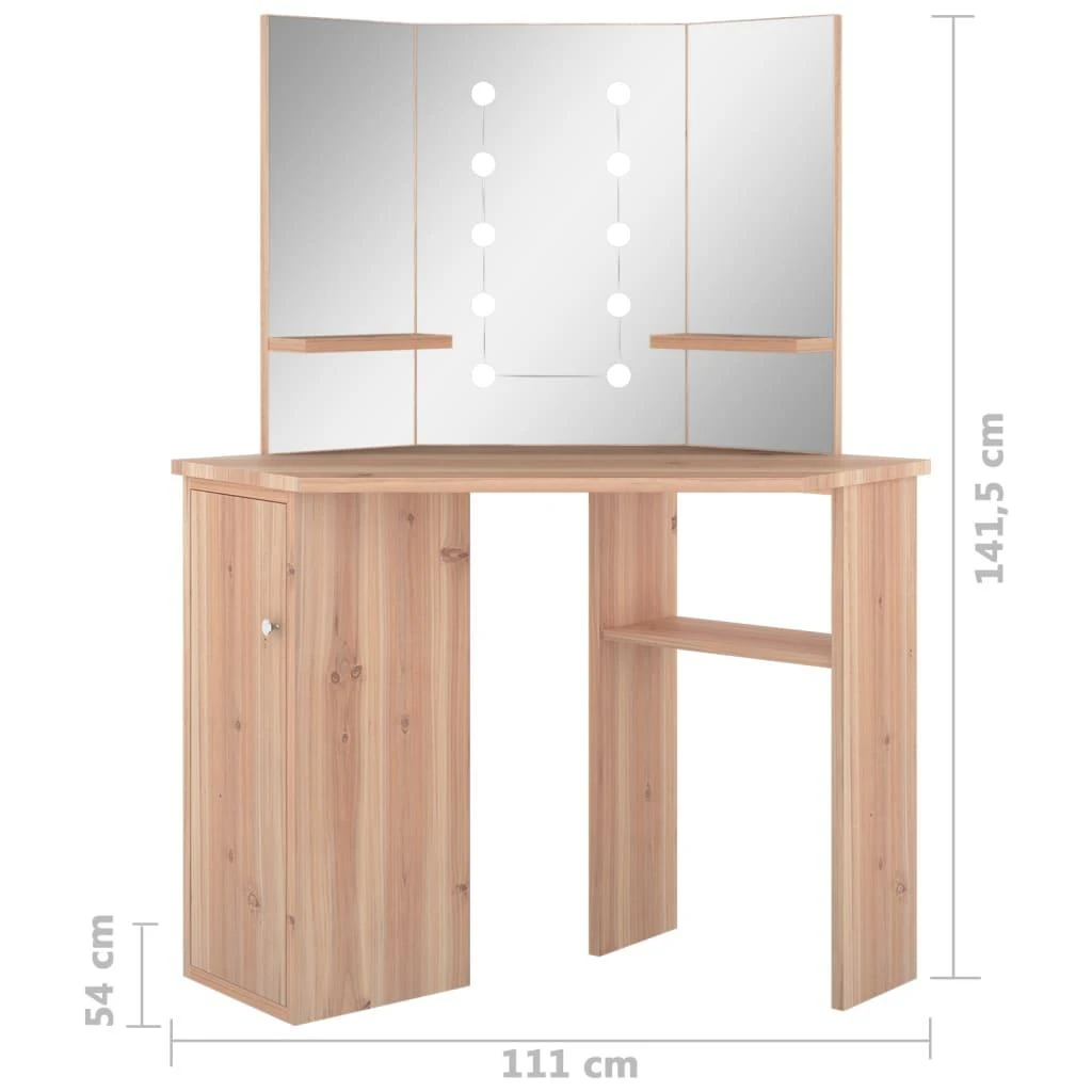 Kampinis kosmetinis staliukas su LED, ąžuolo, 111x54x141,5cm