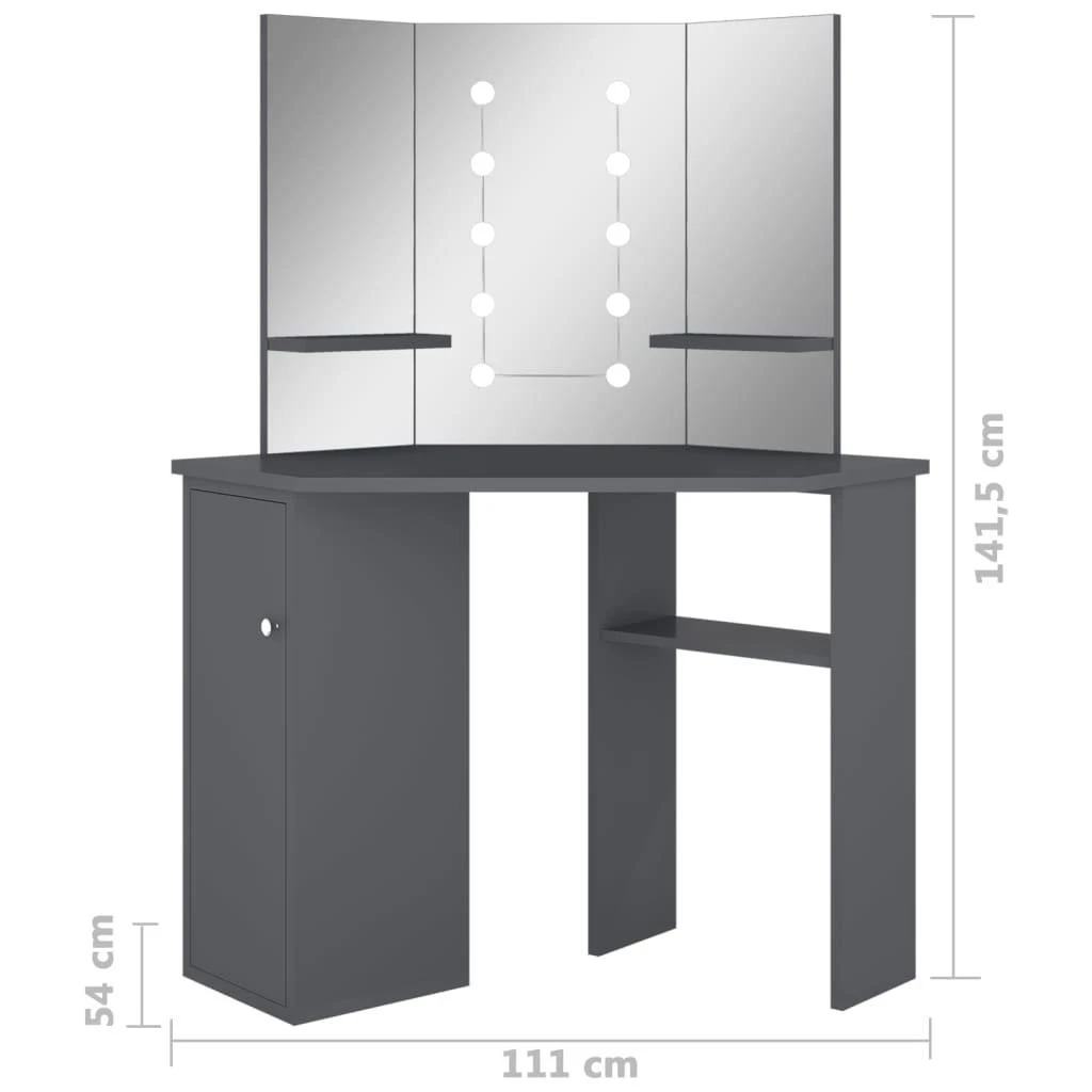 Kampinis kosmetinis staliukas su LED, pilkas, 111x54x141,5cm