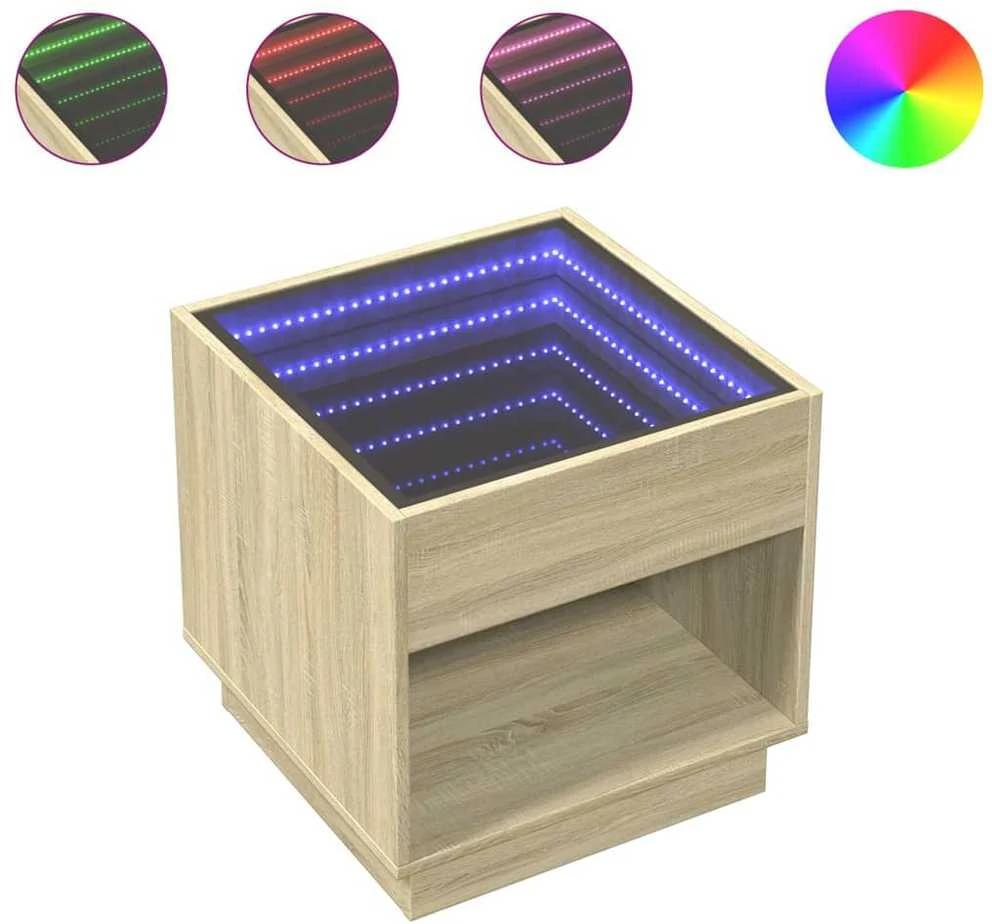 Kavos staliukas su Infinity LED lemputėmis, ąžuolo, 50x50x50cm