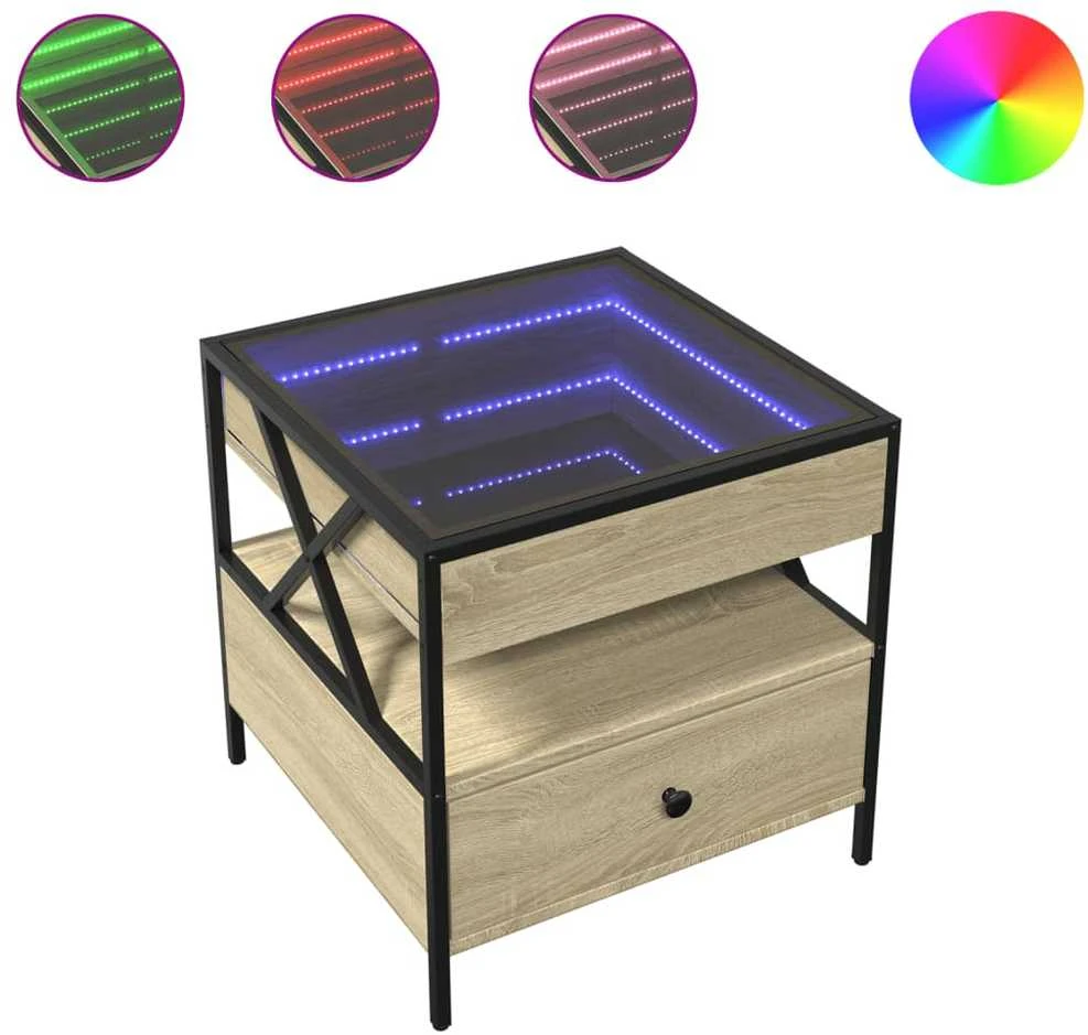 Kavos staliukas su Infinity LED lemputėmis, ąžuolo, 50x50x51cm
