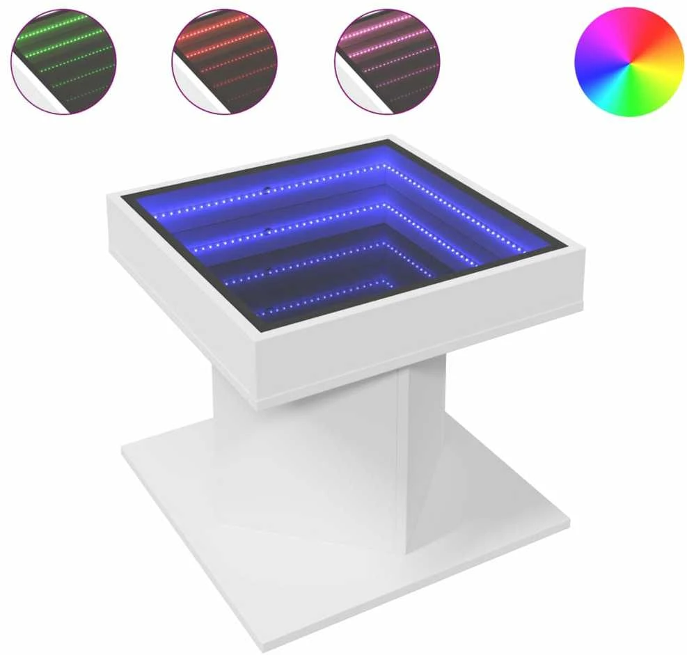 Kavos staliukas su LED, baltas, 50x50x45cm, apdirbta mediena
