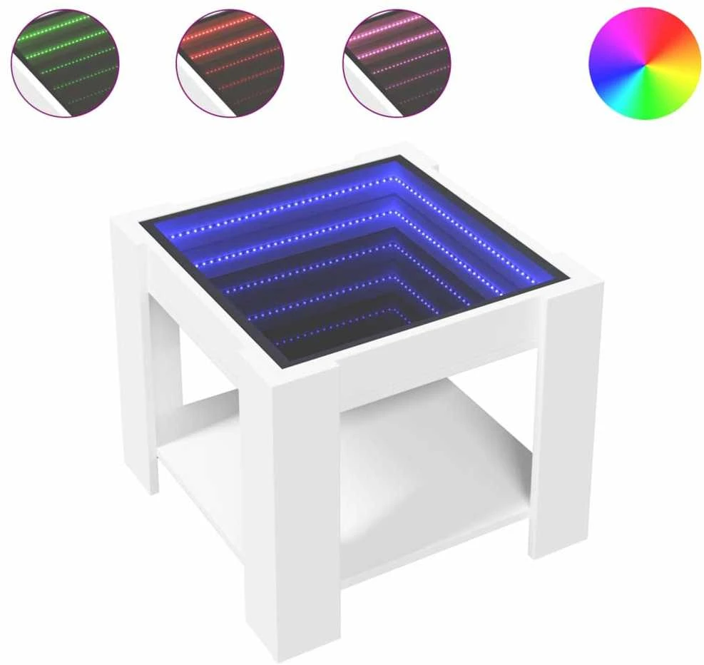 Kavos staliukas su LED, baltas, 53x53x45cm, apdirbta mediena