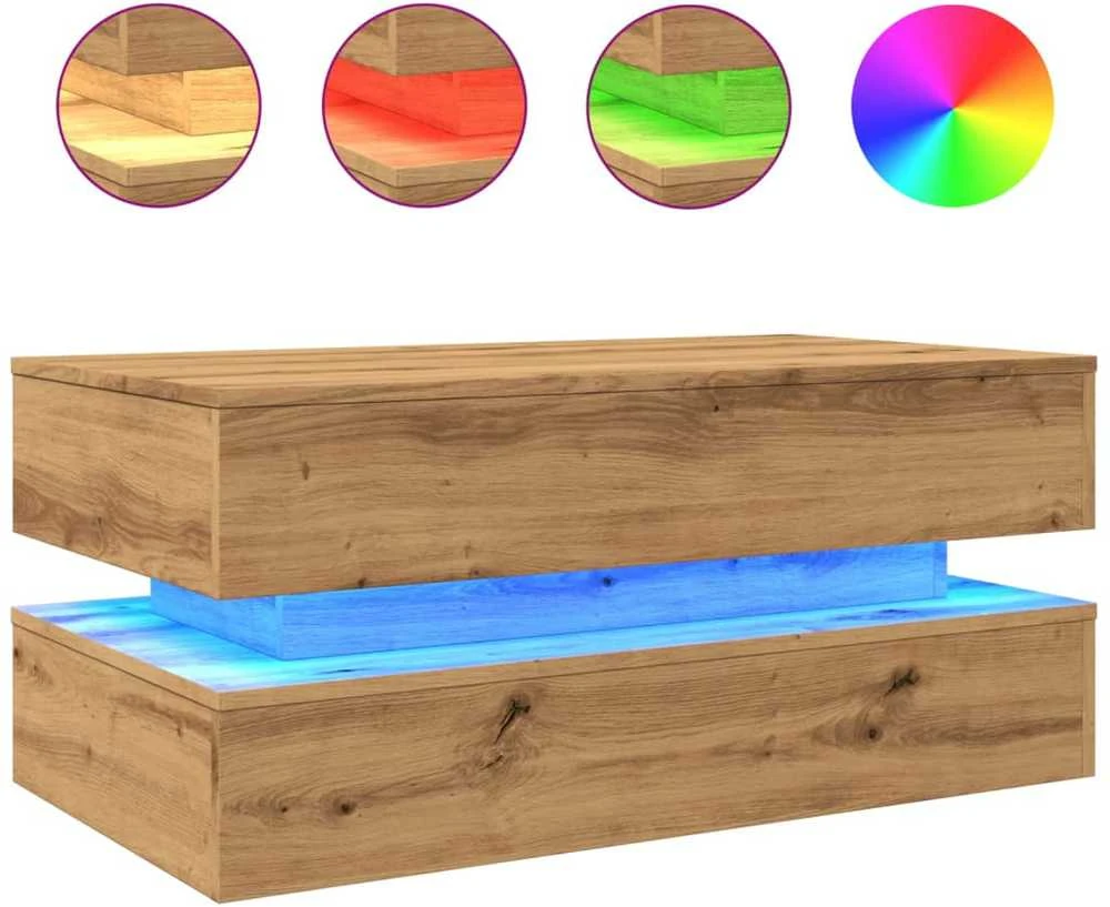 Kavos staliukas su LED lemputėmis, artisano ąžuolo, 90x50x40cm