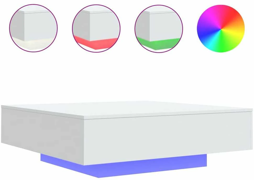 Kavos staliukas su LED lemputėmis, baltos spalvos, 100x100x31cm