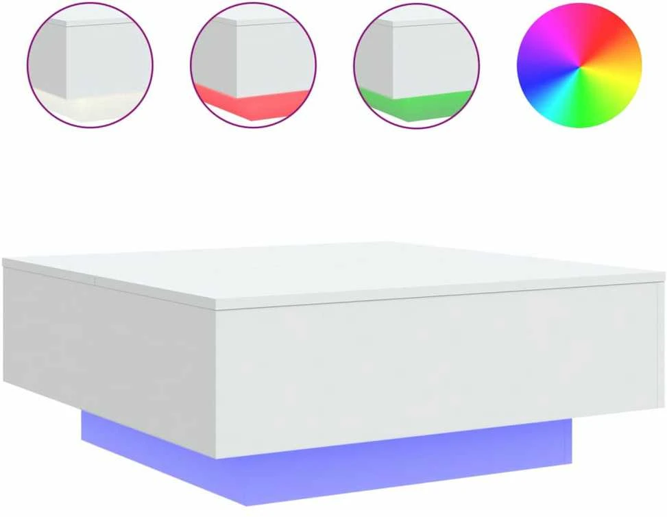 Kavos staliukas su LED lemputėmis, baltos spalvos, 80x80x31cm