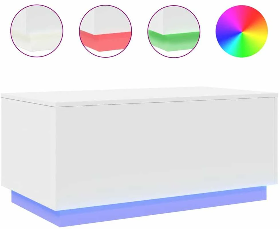 Kavos staliukas su LED lemputėmis, baltos spalvos, 90x50x40cm