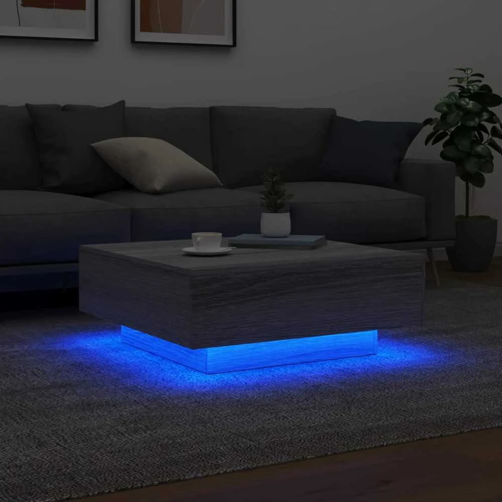 Kavos staliukas su LED lemputėmis, pilkas ąžuolo, 80x80x31cm