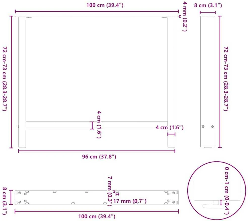 Valgomojo stalo kojos, juodos, 2 vnt., 100 x (72-73) cm, plienas