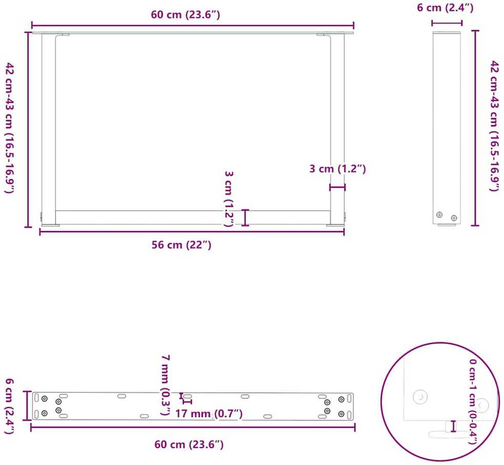 Kavos staliuko kojelės, 2 vnt., juodos, 60x(42-43) cm, plienas, U formos