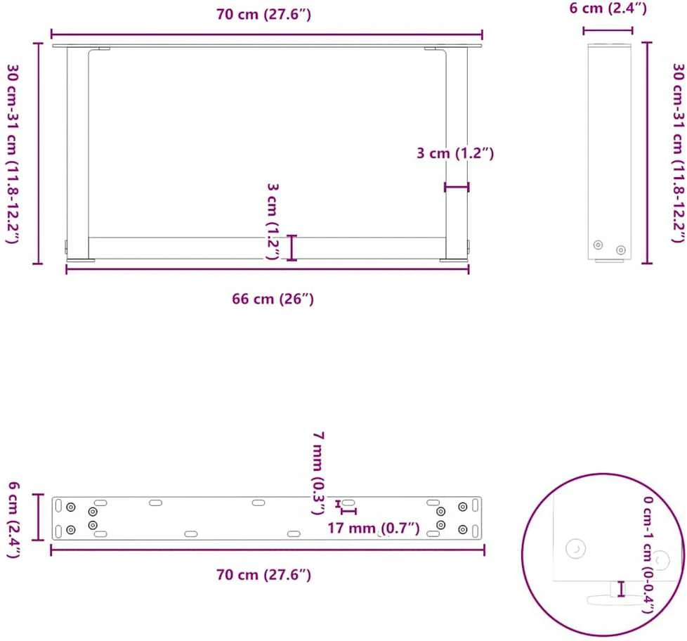 Kavos staliuko kojelės, U formos, 2 vnt., 70x(30-31)cm