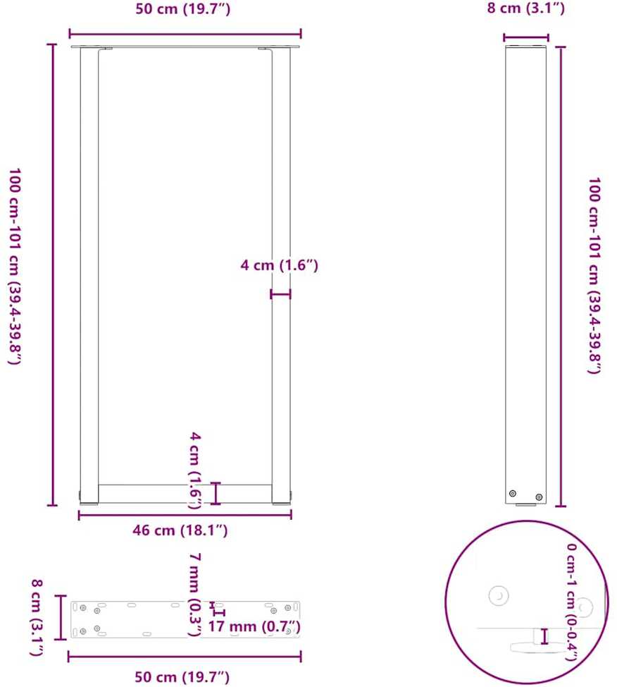 Kavos staliuko kojelės, U formos, 2 vnt., 50x(100-101) cm