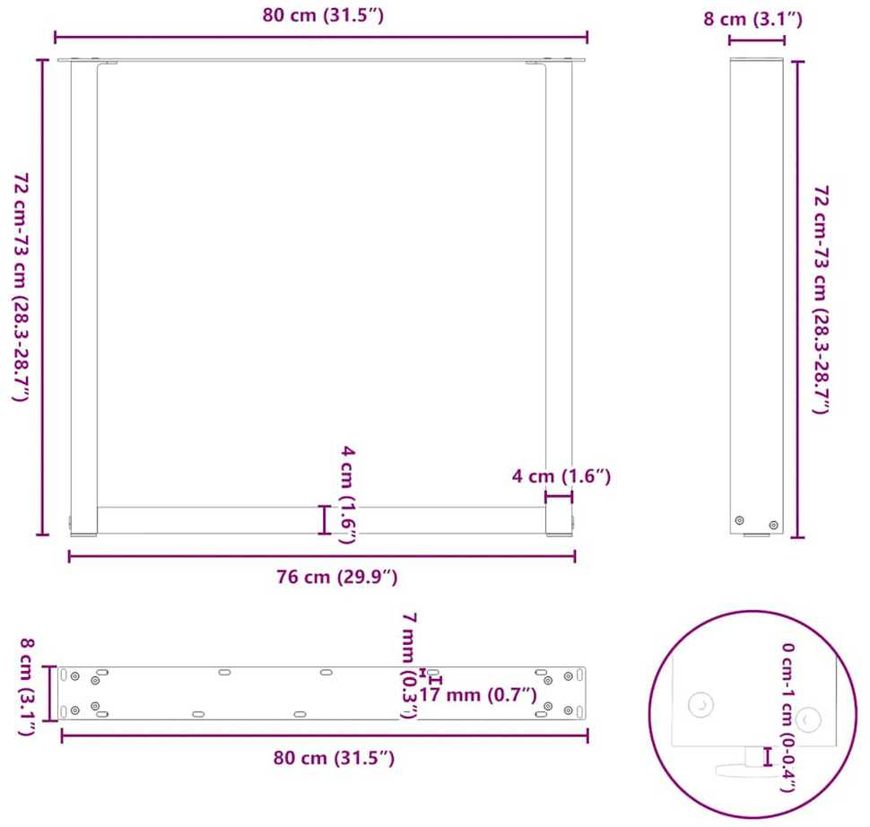 Valgomojo stalo kojos, 2 vnt., antracito spalvos, 80x(72-73) cm, plienas, U formos