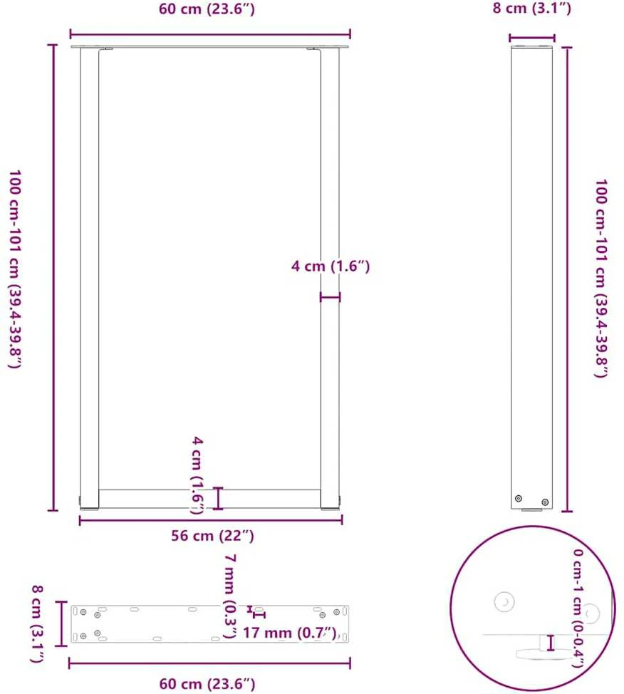 Kavos staliuko kojelės, U formos, 2 vnt., juoda, 60x(100-101)cm
