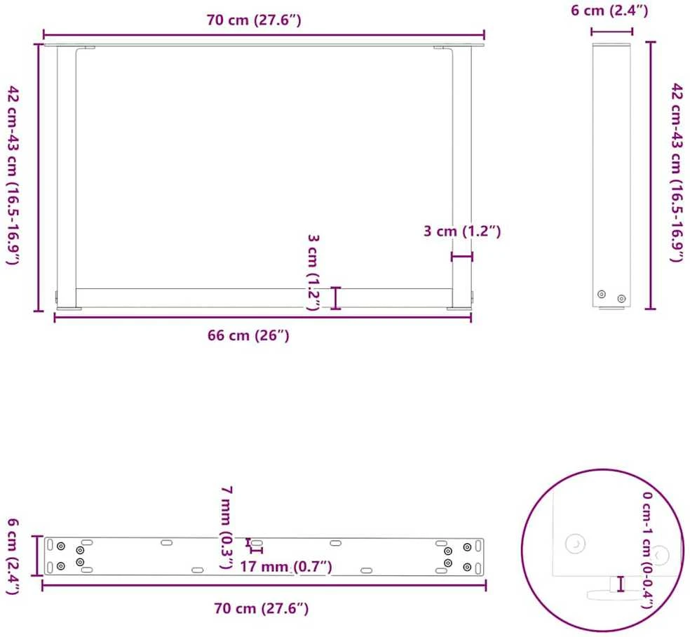 Kavos staliuko kojelės, 2 vnt., juodos, 70x(42-43) cm, plienas, U formos
