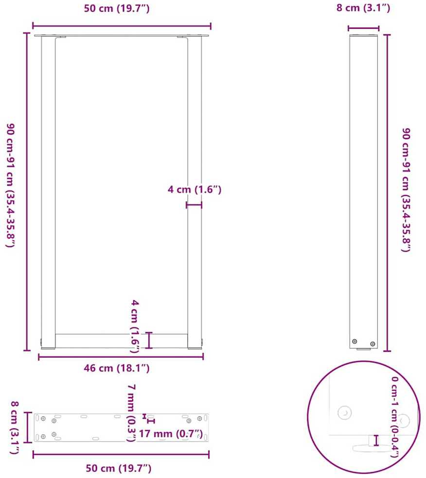 Kavos staliuko kojelės, U formos, 2 vnt., 50x(90-91)cm, plienas