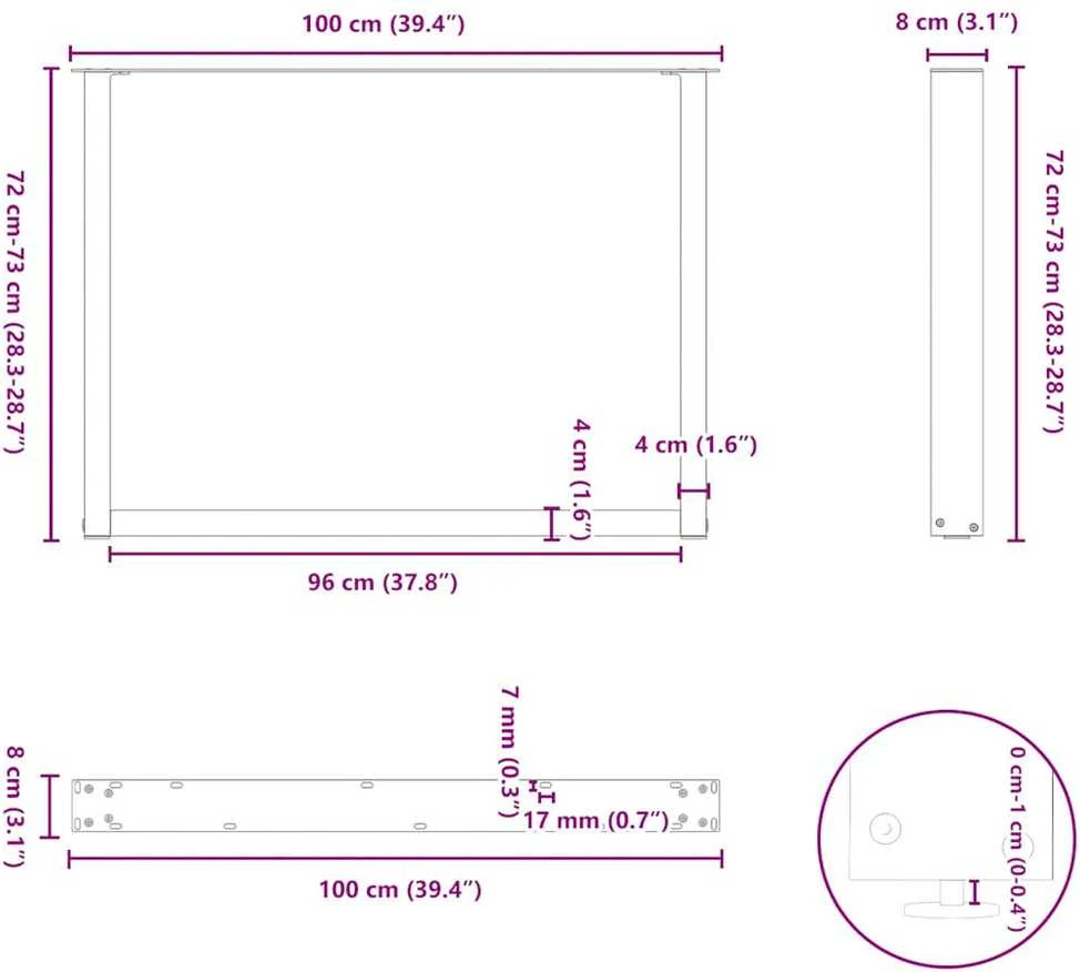 Valgomojo stalo kojos, U formos, 2 vnt., antracito spalvos, 100x(72-73) cm, plienas
