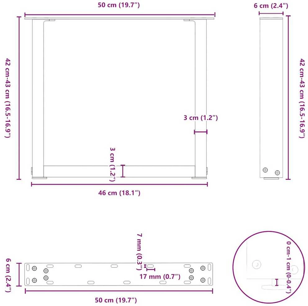Kavos staliuko kojelės, U formos, 2 vnt., 50x(42-43)cm