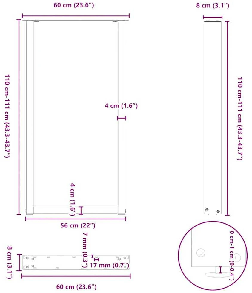 Kavos staliuko kojelės, U formos, 2 vnt., 60x(110-111) cm