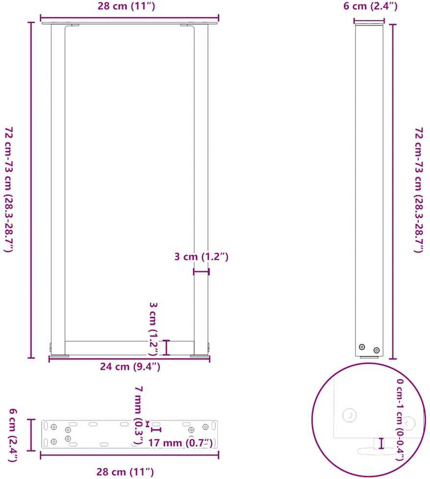 Konsolinio stalo kojelės, U formos, 2 vnt., antracito spalvos, 28x(72-73) cm, plienas