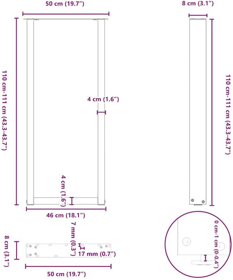 Kavos staliuko kojelės, U formos, 2 vnt., balta, 50x(110-111)cm