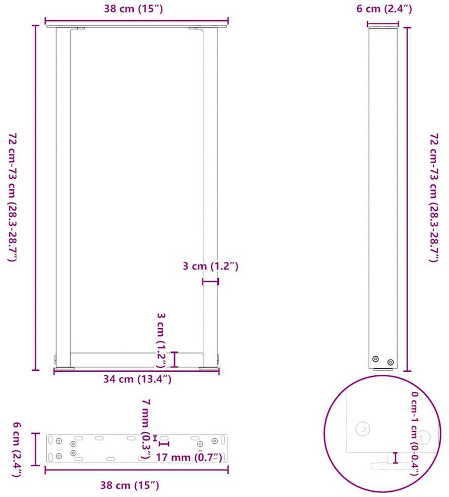 Kavos staliuko kojelės, U formos, 2 vnt., balta, 38x(72-73) cm