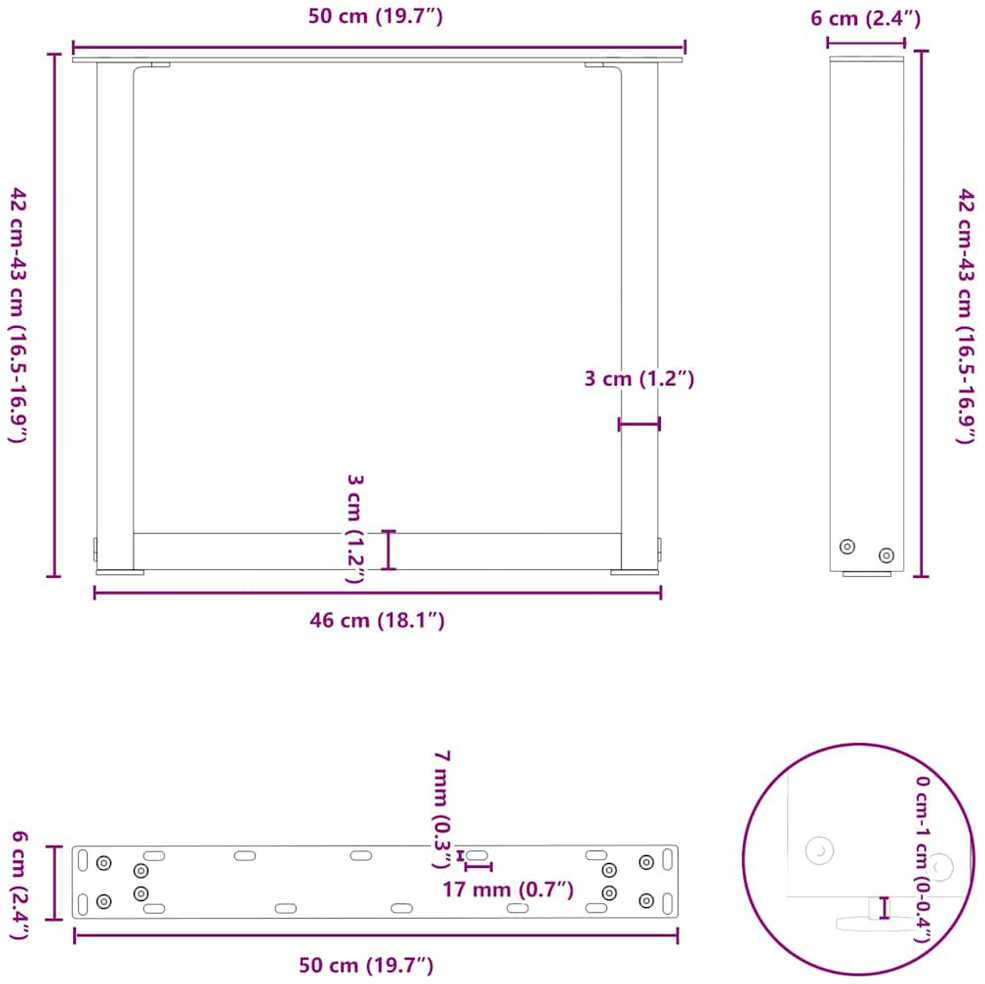 Kavos staliuko kojelės, 2 vnt., juodos, 50x(42-43) cm, plienas, U formos