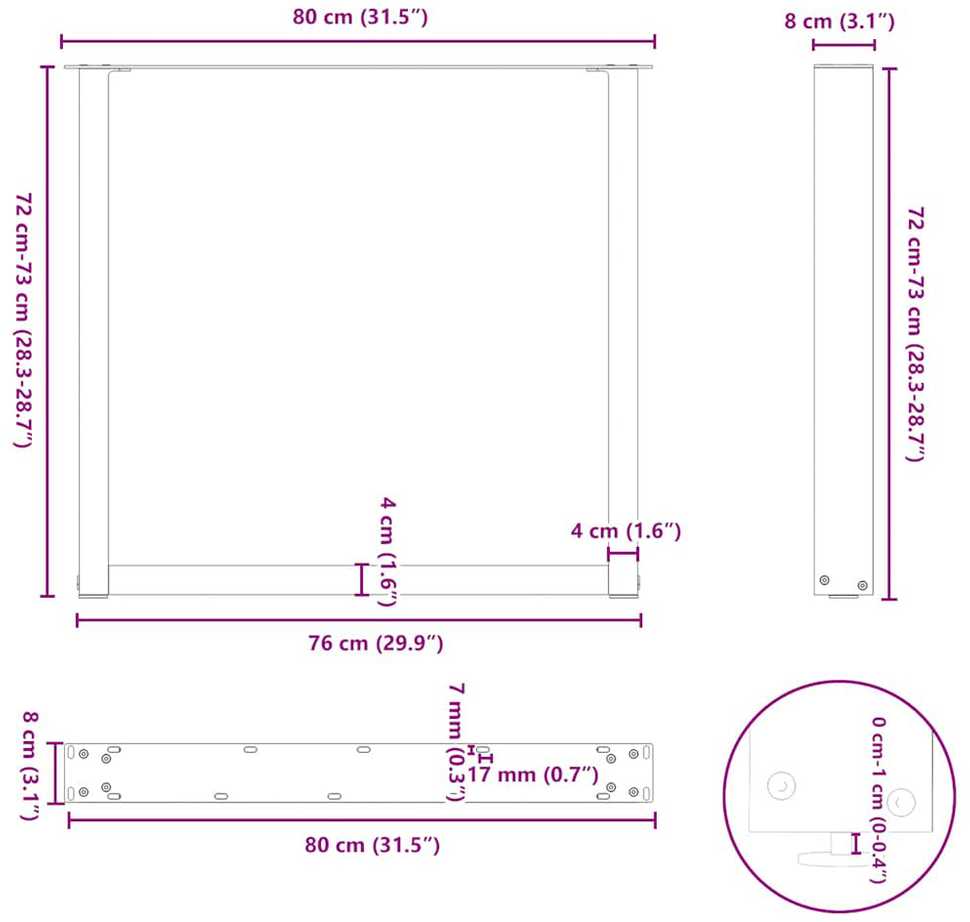 Valgomojo stalo kojelės, 2 vnt., U formos, baltos, 80x(72-73) cm, plienas