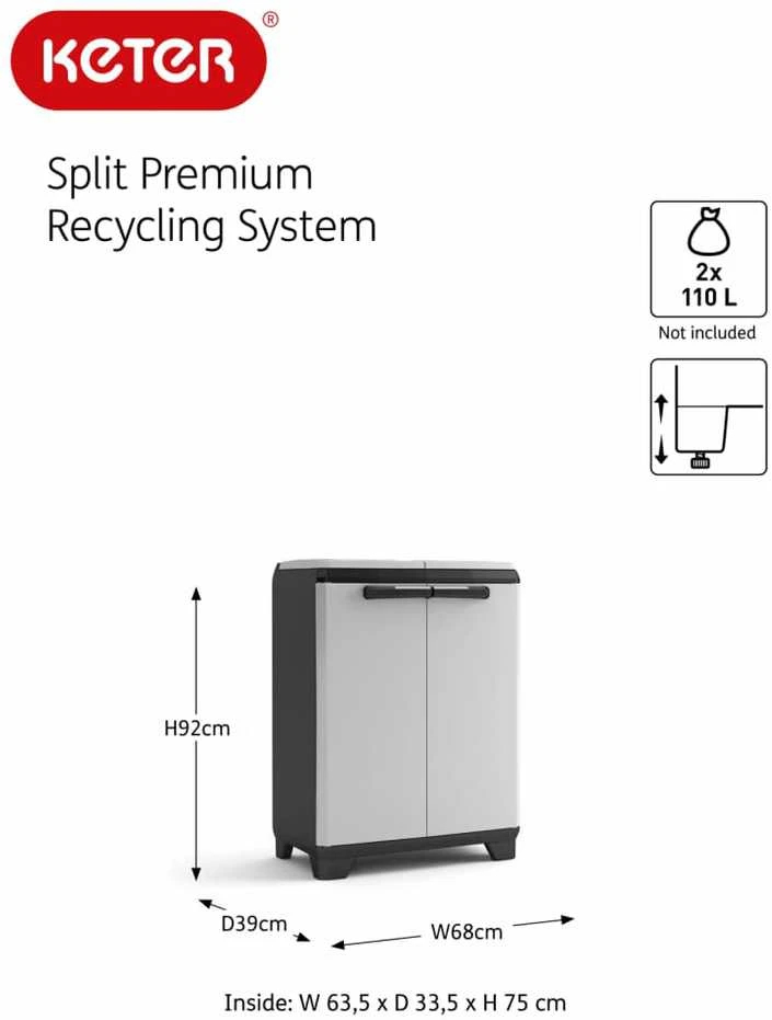 Keter Šiukšlių rūšiavimo spintelė Split Premium, pilka ir juoda, 92cm