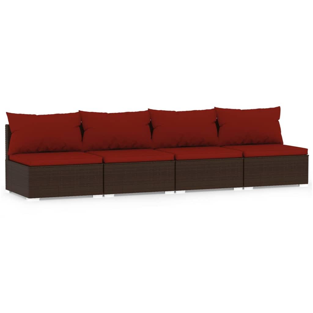 Lauko baldų komplektas Keturvietė sofa su pagalvėlėmis, rudos spalvos, poliratanas