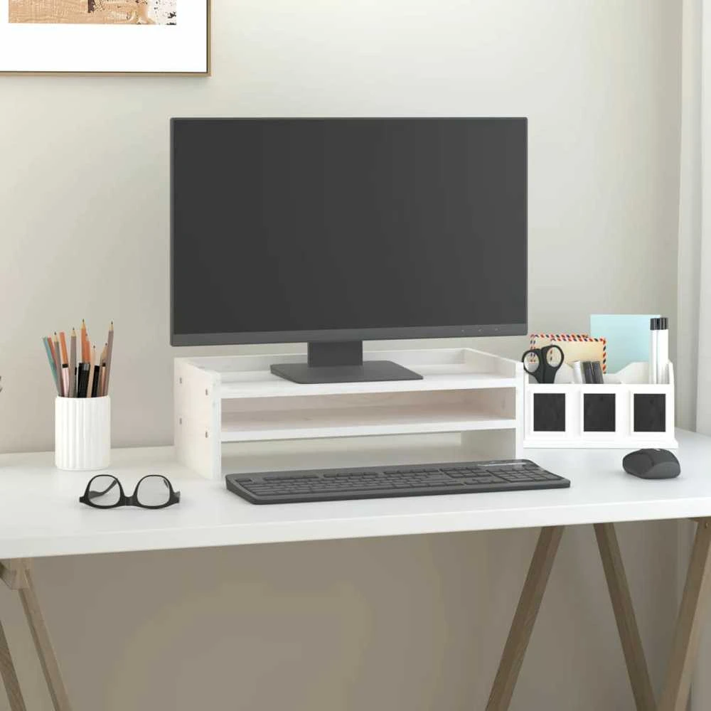 Laikiklis Monitoriaus stovas, baltas, 50x24x16cm, pušies medienos masyvas