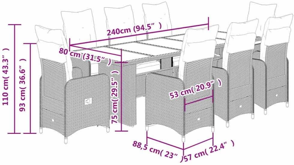 Bistro komplektas su pagalvėlėmis, 9 dalių, juodas, poliratanas