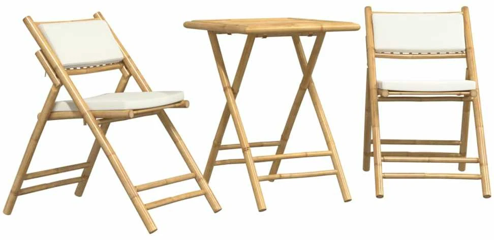 Lauko baldų komplektas Bistro komplektas su kreminėmis pagalvėlėmis, 3 dalių, bambukas
