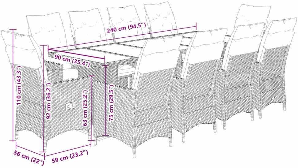 Lauko baldų komplektas Bistro komplektas su pagalvėmis, 11 dalių, juodas, poliratanas