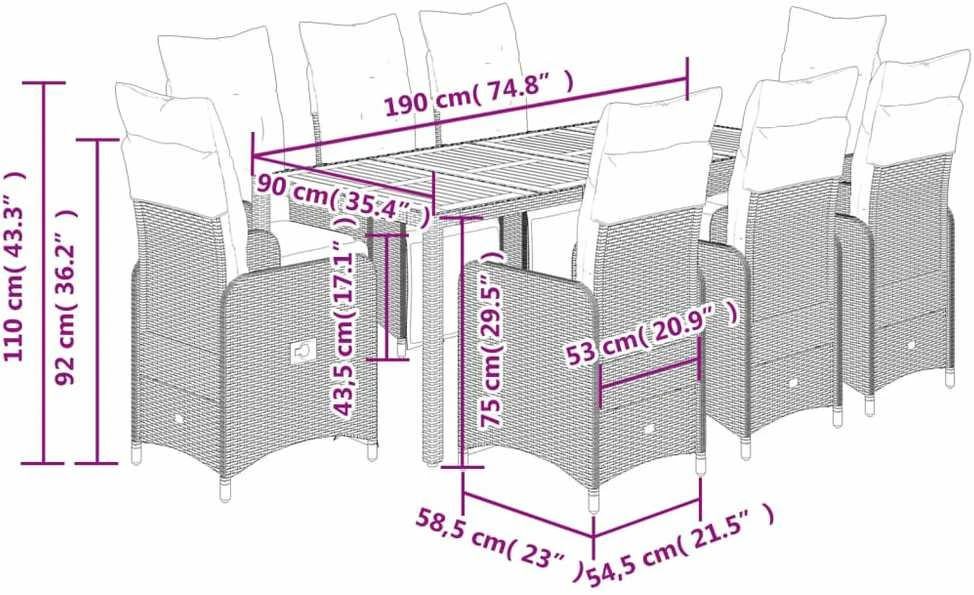 Lauko baldų komplektas Bistro komplektas su pagalvėlėmis, 9 dalių, pilkas, poliratanas