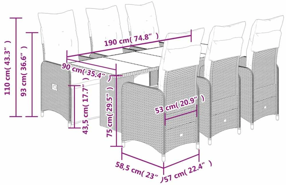 Bistro komplektas su pagalvėlėmis, 7 dalių, pilkas, poliratanas