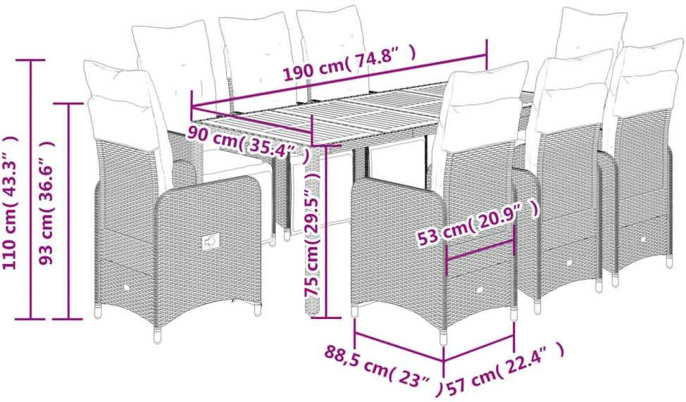 Bistro komplektas su pagalvėlėmis, 9 dalių, juodas, poliratanas
