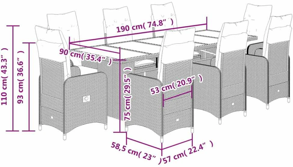 Lauko baldų komplektas Bistro komplektas su pagalvėlėmis, 9 dalių, smėlio, poliratanas