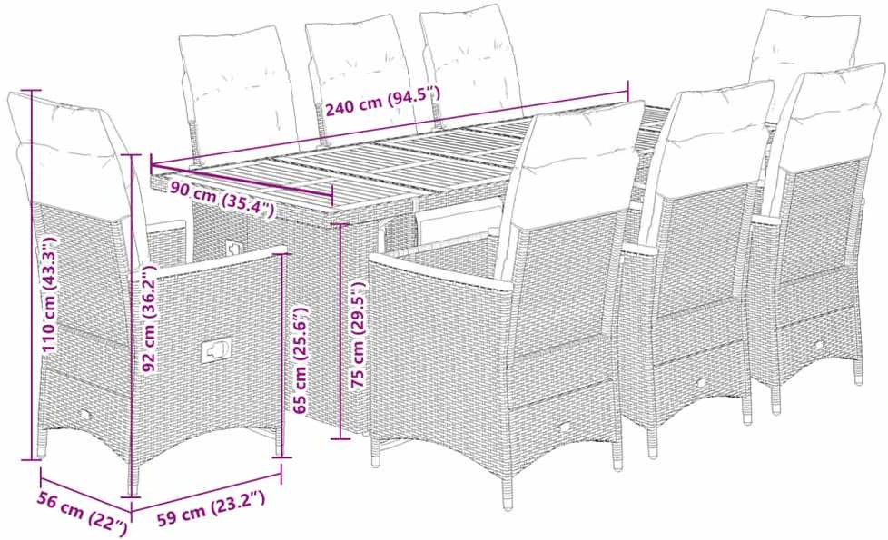 Lauko baldų komplektas Bistro komplektas su pagalvėlėmis, 9 dalių, pilkas, poliratanas