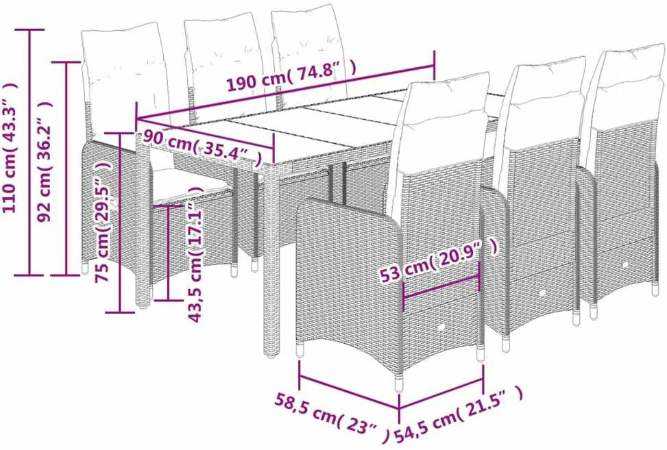 Lauko baldų komplektas Bistro komplektas su pagalvėlėmis, 7 dalių, rudas, poliratanas