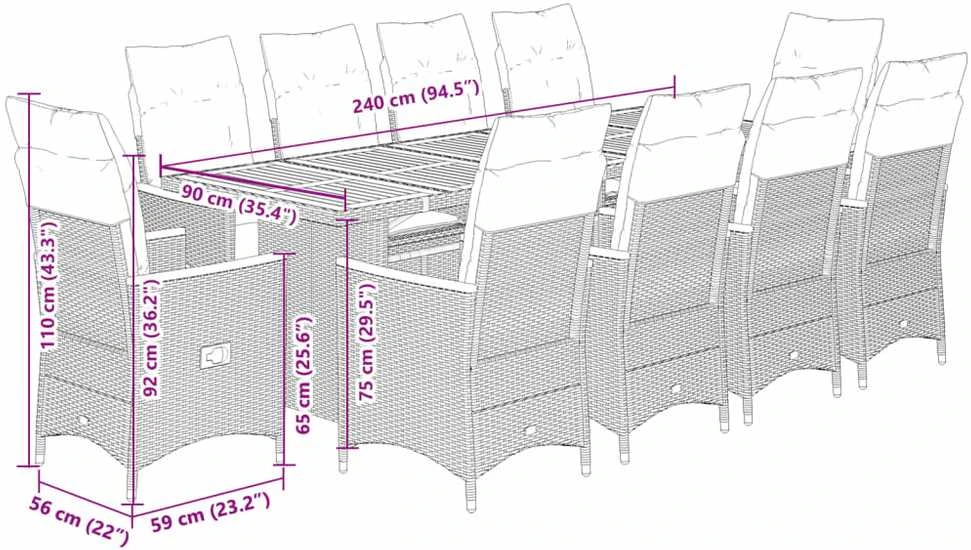 Lauko baldų komplektas Bistro komplektas su pagalvėmis, 11 dalių, pilkas, poliratanas