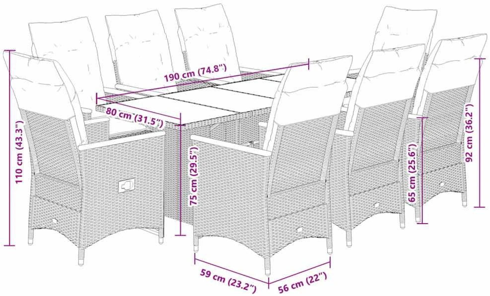 Lauko baldų komplektas Bistro komplektas su pagalvėlėmis, 9 dalių, juodas, poliratanas