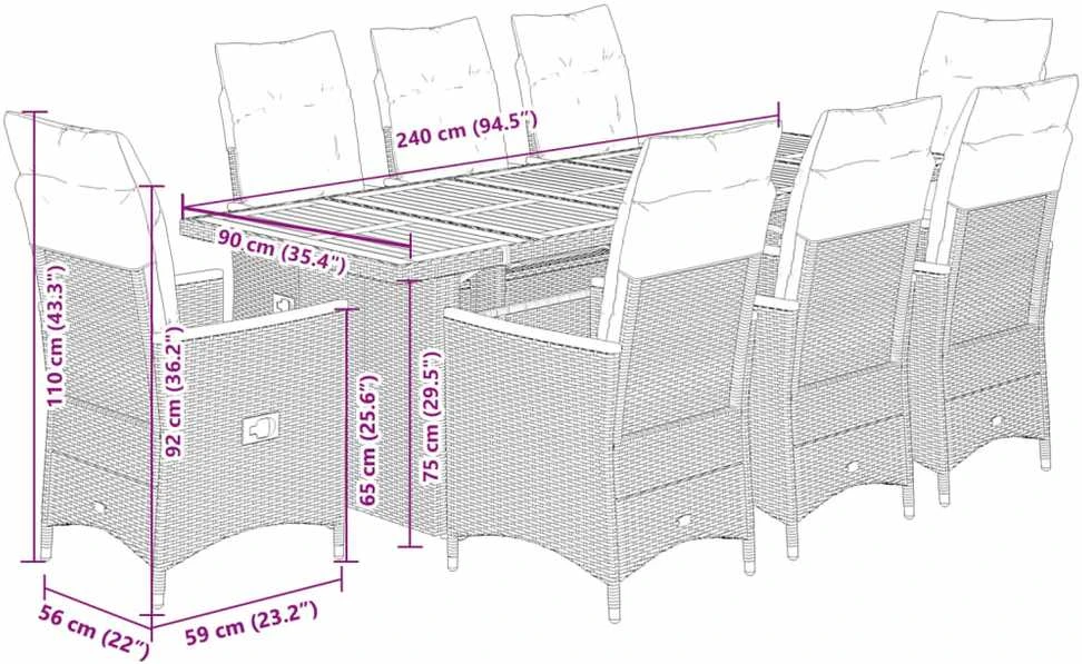 Lauko baldų komplektas Bistro komplektas su pagalvėlėmis, 9 dalių, pilkas, poliratanas
