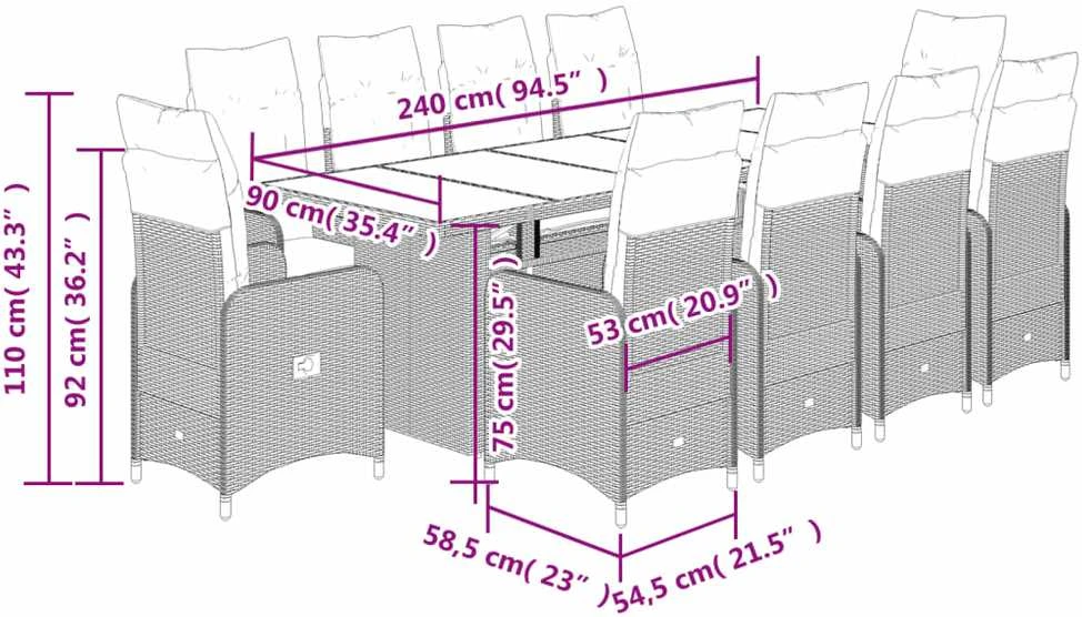 Lauko baldų komplektas Bistro komplektas su pagalvėmis, 11 dalių, pilkas, poliratanas