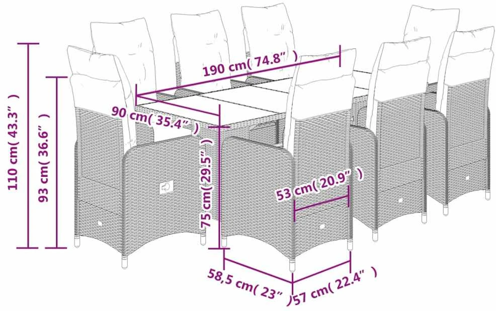 Bistro komplektas su pagalvėlėmis, 9 dalių, pilkas, poliratanas