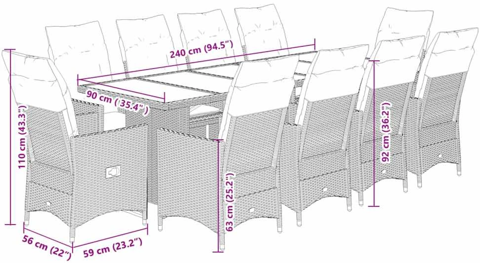 Lauko baldų komplektas Bistro komplektas su pagalvėlėmis, 9 dalių, rudas, poliratanas