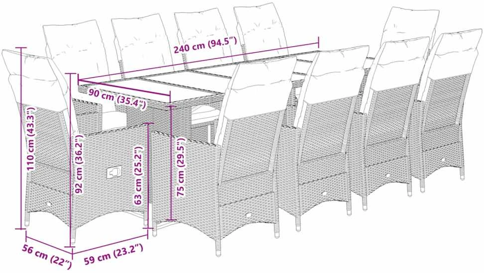 Lauko baldų komplektas Bistro komplektas su pagalvėmis, 11 dalių, juodas, poliratanas